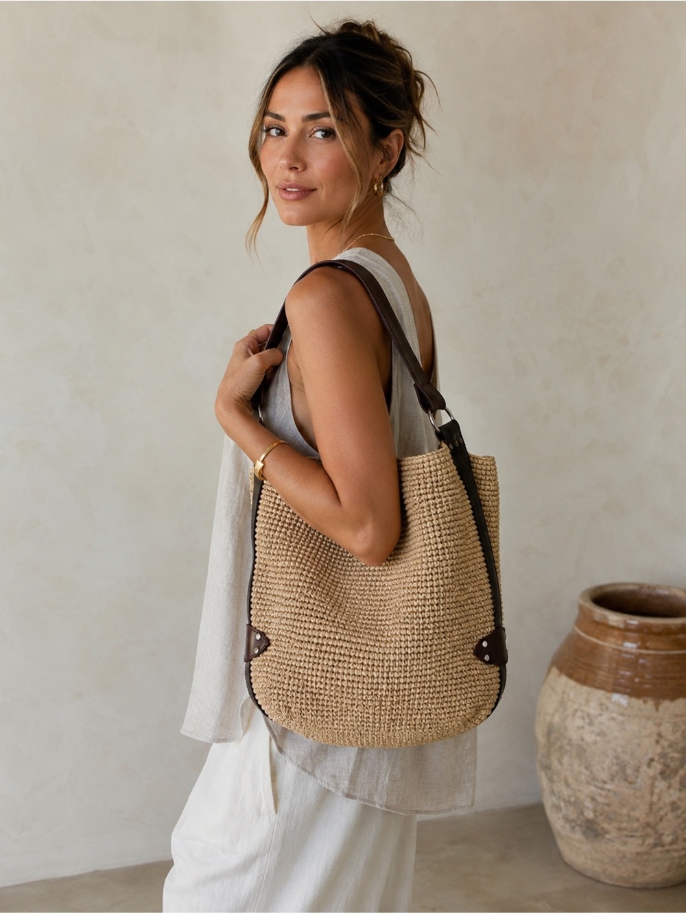 Isabel Marant Textured Raffia and Leather Shoulder Bucket Tote Bag